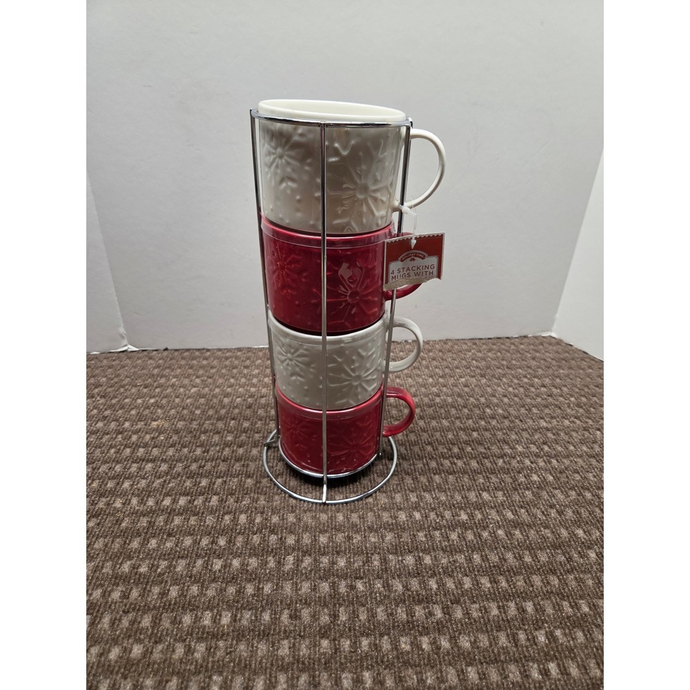 Holiday Time 4 Stacking Mugs with Metal Rack Red White Snowflake Ceramic Set